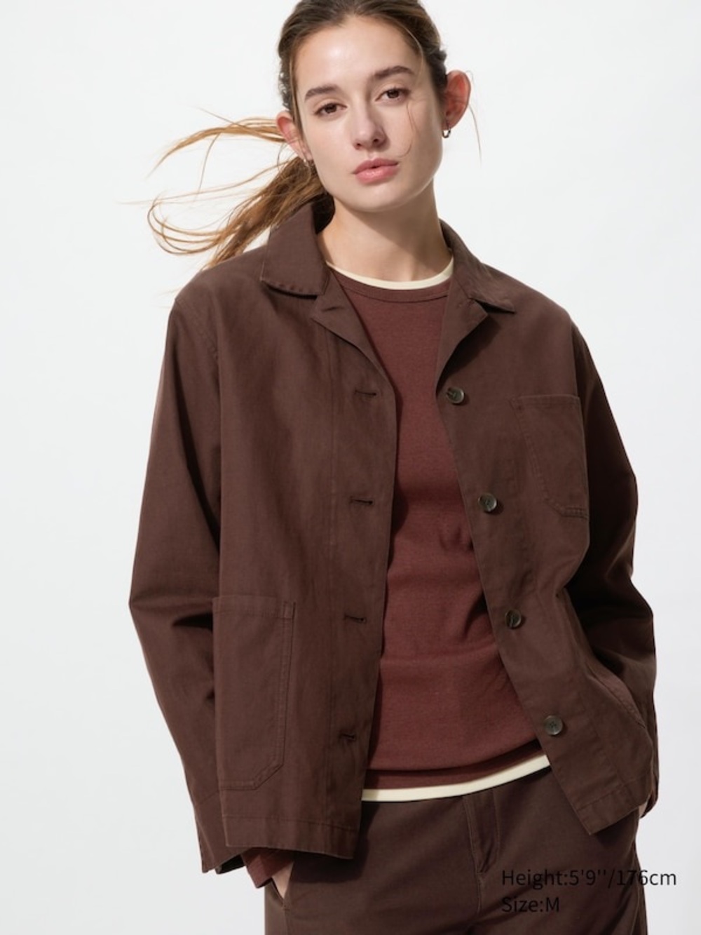 UNIQLO Linen Blend Coverall Brown S Utility Chore Jacket Workwear Relaxed Fit